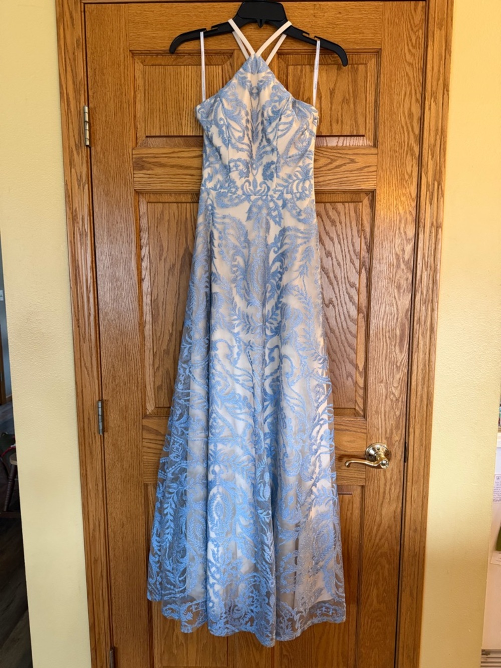 Speechless Light Blue and Ivory Lace Halter Evening Gown